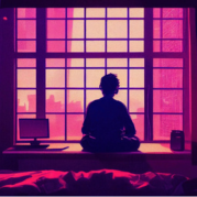 hábitos digitais: jovem sentado olhando para a janela com tela de computador ao lado