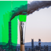 Imagem de uma chaminé emitindo fumaça com um pincel de tinta verde ao lado para ilustrar o que é greenwashing:
