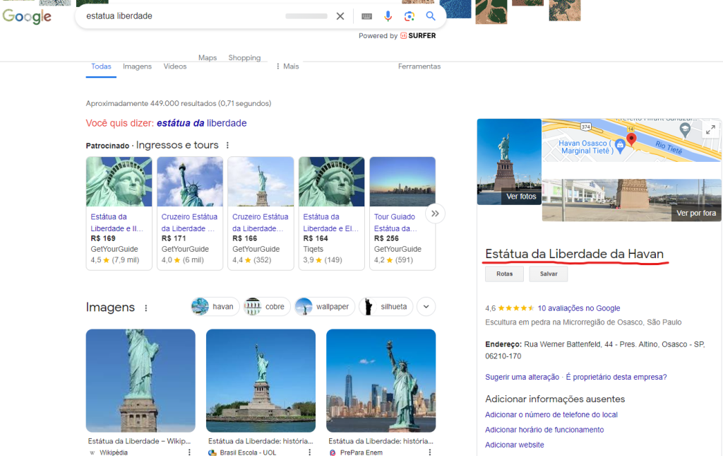 Página de busca do Google exibindo a estátua da Liberdade da loja Havan 