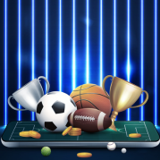 Bets: tela de celular imitando campo de futebol com bolas de diversos esportes e troféus