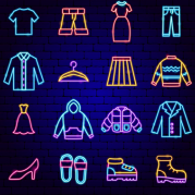 Consumo de moda: tela escura com ícones de peças do vestuário com camiseta, casaco e calça em neon