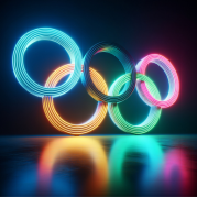 Olimpíadas 2024: fundo preto com os cinco aros olímpicos coloridos em neon