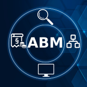 ABM marketing: tela azul com círculo escrito ABM dentro